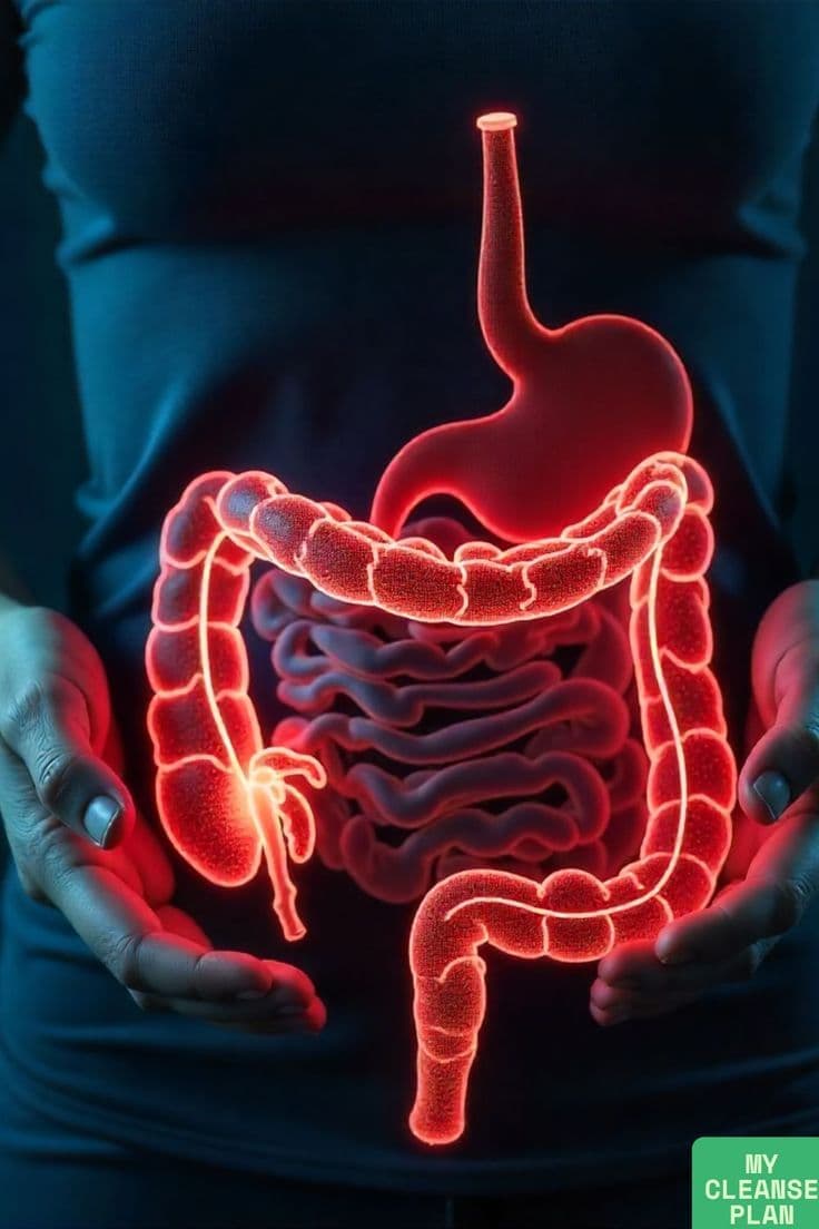 Anatomical illustration of the digestive system with highlighted intestinal release