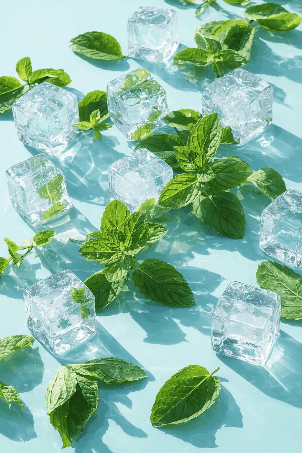 Peppermint leaves with ice cubes