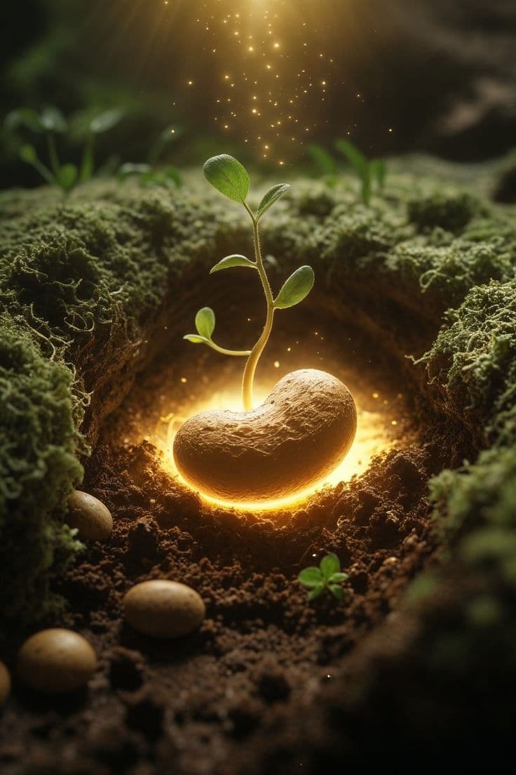 A small plant sprout growing from a seed under magical light
